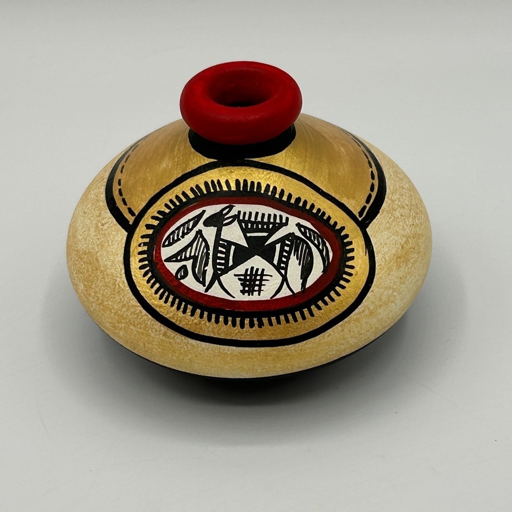 Terracotta Hand Painted Flat Warli Miniature Bud Vase Red Gold Indian Tribal Art